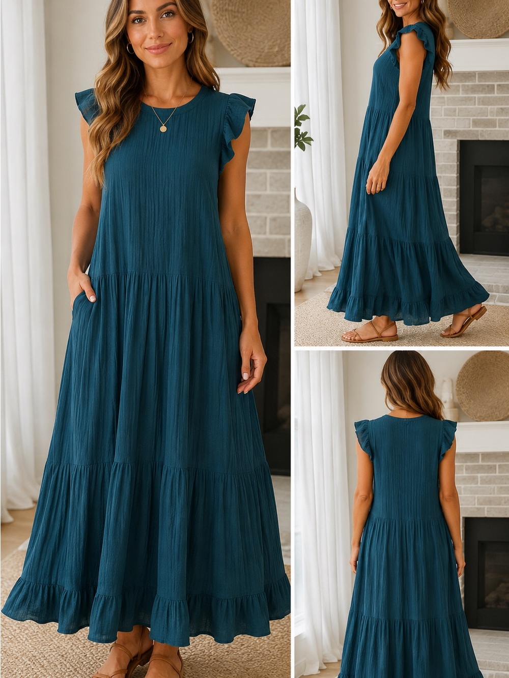 Universal Thread Teal Tiered Maxi Dress with Pockets - Picture 2 of 6